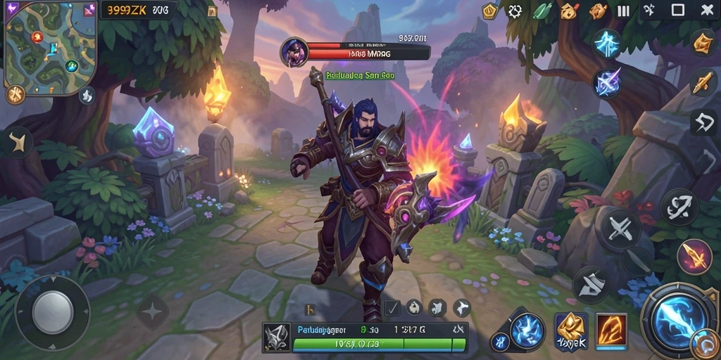 Screenshot gameplay 999ZK yang menunjukkan pertempuran epik dan eksplorasi.