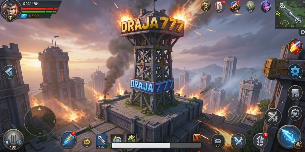 Screenshot DRAJA777 menampilkan aksi menara pertahanan melawan musuh yang menyerang.
