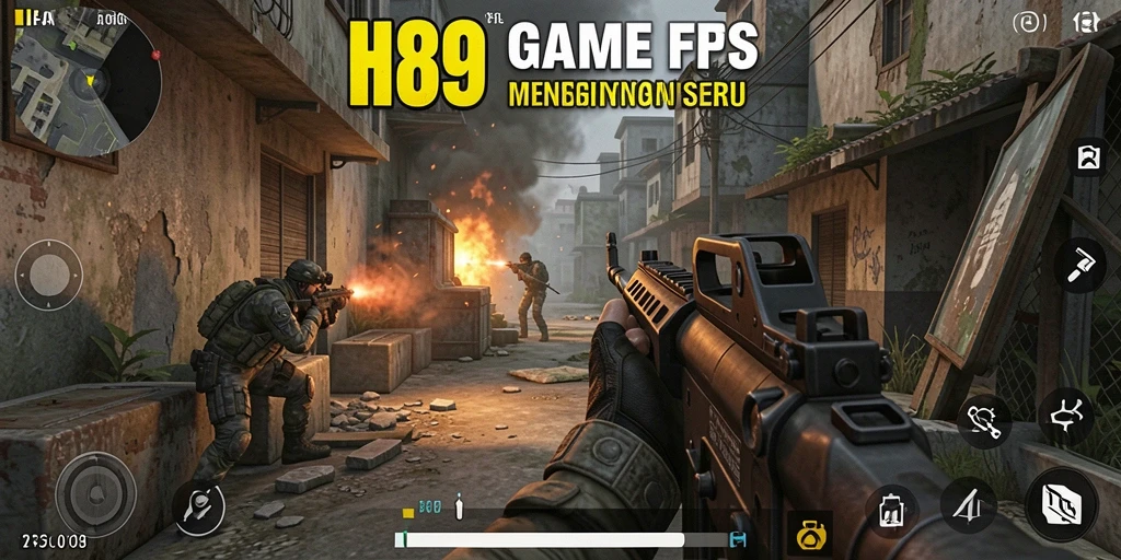 Screenshot utama H89 menampilkan aksi tembak-menembak yang mendebarkan.