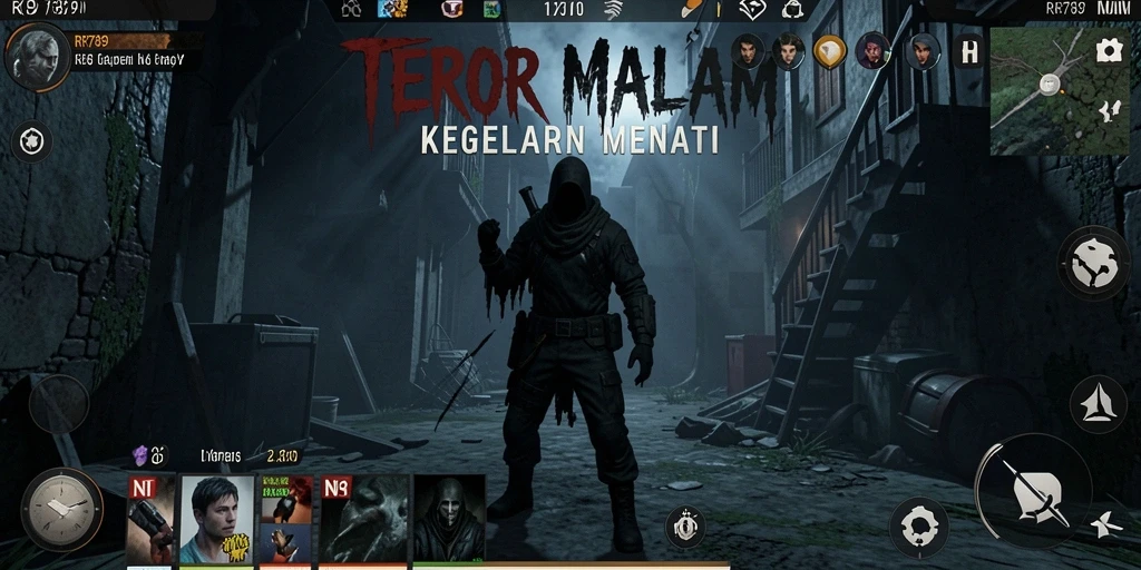 Screenshot gameplay mencekam dari RR789 memperlihatkan suasana horor yang intens.